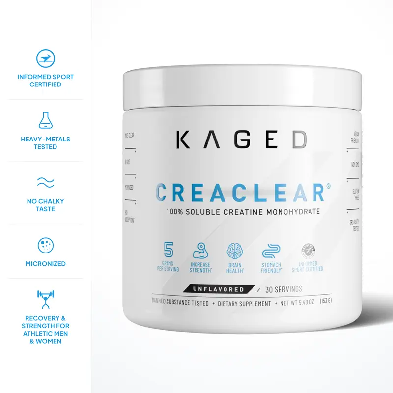 Kaged CreaClear Creatine Monohydrate Powder for Men & Women, 30 Servings | 5g Micronized Creatine, 100% Soluble, Mixes Clear, No Grit, No Bloat | Informed Sport Certified, Unflavored Muscle Builder Supplement