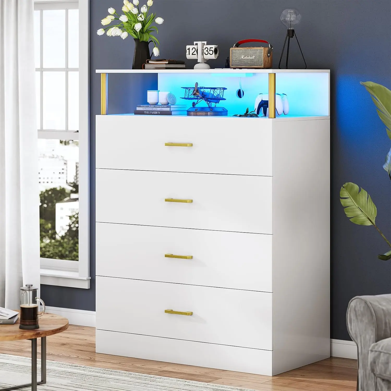 SIKAIC Modern 4-Drawer Cupboard - Unique Indoor Storage Cabinet with Charging Station, LED Lights, Column Design, Open Storage for Bedroom, Living Room, Storage Cabinets