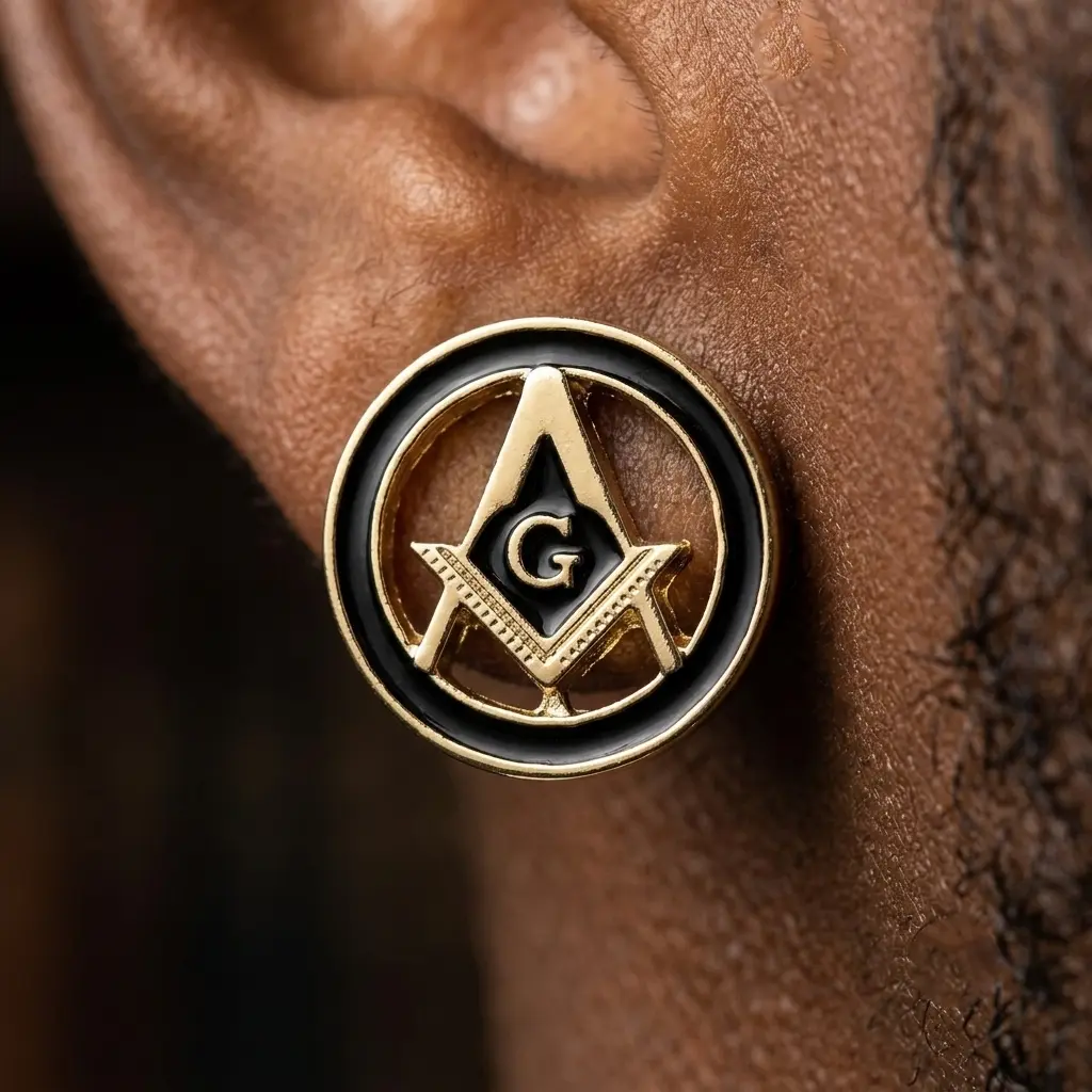 MaxBling81 Iced Out Masonic Stud Earrings, Hip Hop Gold & Silver Plated Metal for Unisex Adults, Daily Casual Wear