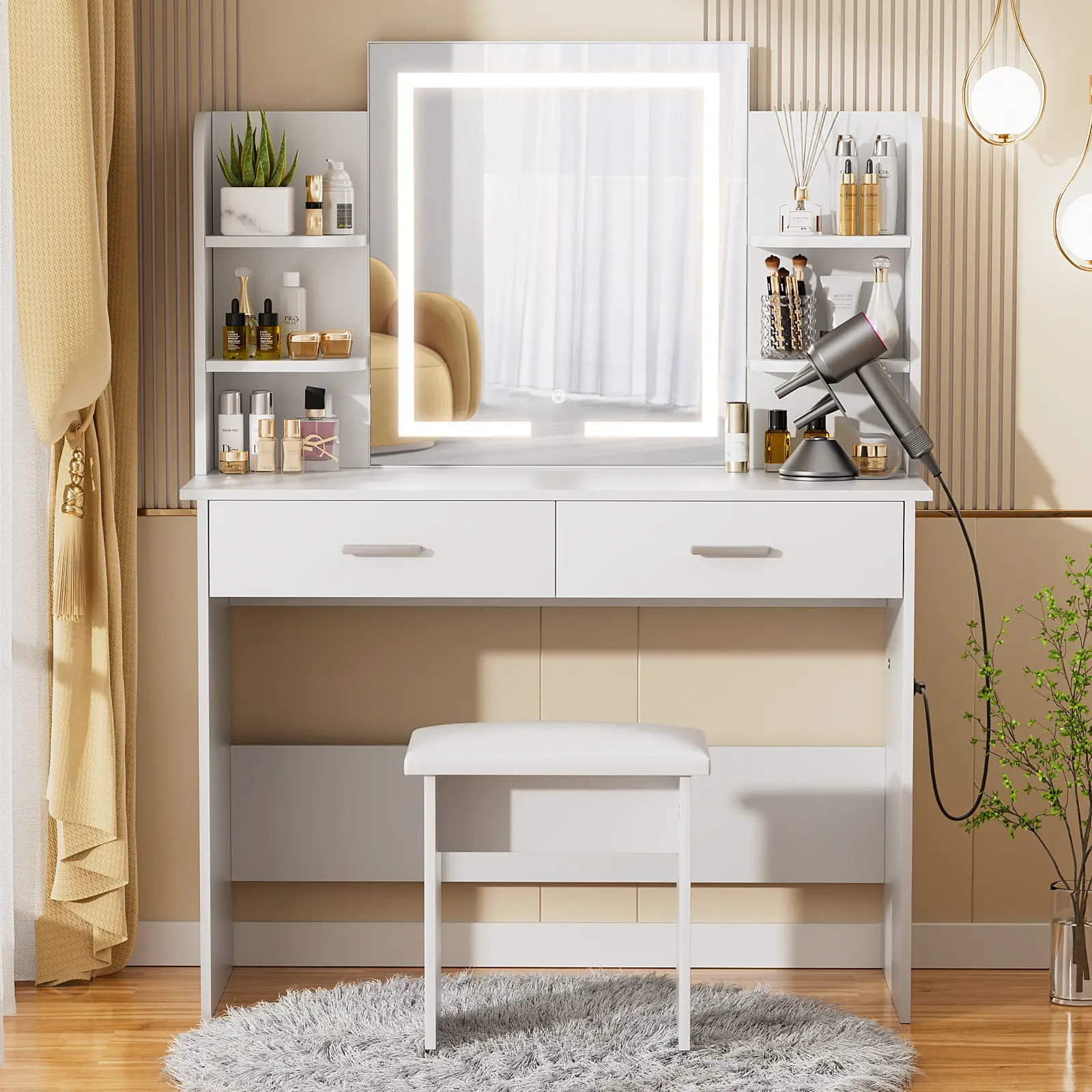 VOWNER Modern Makeup Vanity Desk with Lighted Mirror,2 Drawers,Cushioned Stool for bedroom, vanity mirror vanity table,Furniture Interior