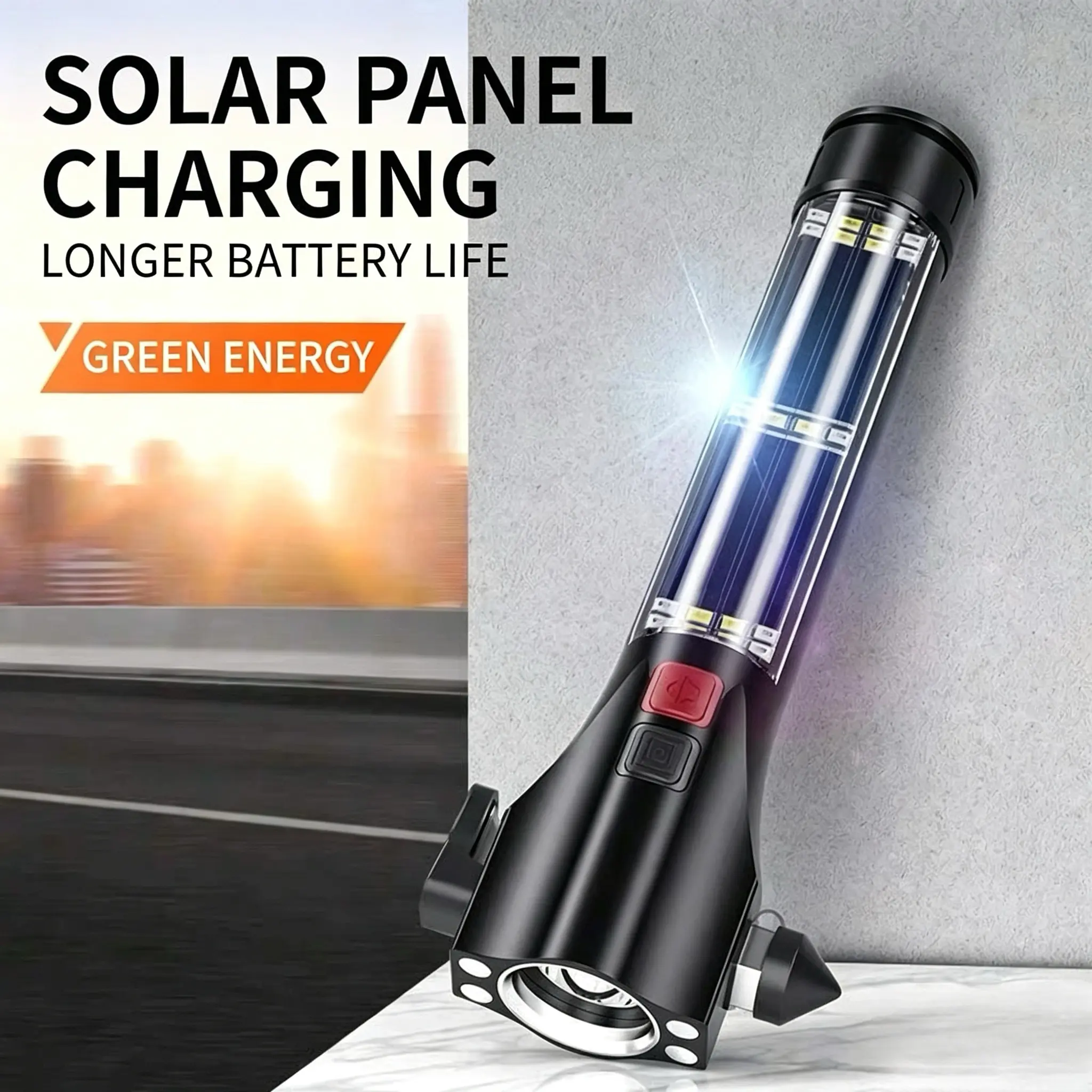 Car Safety Hammer, Emergency Window Breaker with Seatbelt Cutter, Rechargeable Flashlight, Red-Blue Strobe Warning Light, Solar Panel, Magnetic Base, Waterproof Multi-Tool for Vehicle, Home, Camping and Outdoor Survival