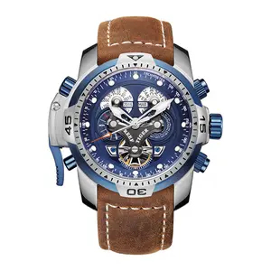 Reef Tiger/RT Luxury Brand Blue Military Watch Men Leather Strap Steel Automatic Watch Waterproof Relogio Masculino RGA3503