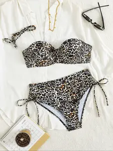Women's Two-Piece Bikini Set, Sexy Leopard Pattern Top & High-Waisted Bottoms, Adjustable Straps, Perfect for Beach Vacation, Leopard Print Swimsuit