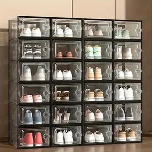 12 Pcs Thickened Clear Shoe Box with Cover, Foldable Shoe Rack Stackable Shoe Rack, Free Combination, Plastic Sneaker Container, Space-Saving Storage Organizer