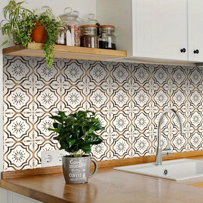 Talavera Style Geometric Vinyl Decorative Tile Stickers, 20 Pcs 4x4in (10x10cm) Peel-Stick Fast Backsplash with Crystal Accents, Kitchen Accessories for Kitchen, Bathroom Home Decor