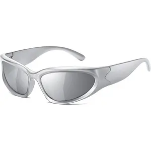 Y2K Wrap Around Sunglasses for Women Men, 2000s Retro Futuristic Rimless Oval Shades, UV400 Protection Unisex Sport Fashion Sun Glasses