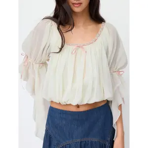 Cider Textured Chiffon Scoop Neck Ruffle Sleeve Ruched Bowknot Blouse SwimWeek