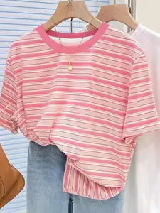 Women's Pink & White Striped T-Shirt, Round Neck Short-Sleeve Top, Soft Casual Loose-Fit Tee for Daily/Streetwear