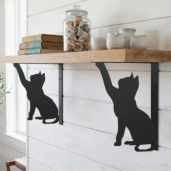 Cat-Cutout Floating Shelf Brackets (Set of 2) — Sturdy, durable, and easy-to-install wall-mounted brackets blending Asian Zen aesthetics; suitable for storage and decorative display in kitchens, bathrooms, bedrooms, and balconies.
