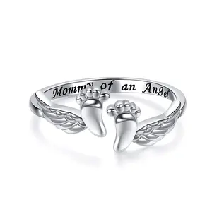 Adjustable Mommy of an Angel Ring Engraved Footprint Wing Design Polished Silver Memorial Jewelry Thoughtful Sympathy Gift for Mothers Statement Multi Ring. rings for women