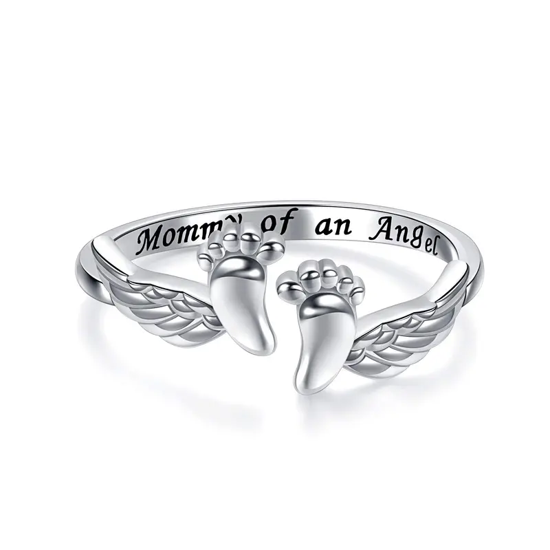 Women's Adjustable Polished Silver Memorial Ring - Fingerprint Engraved Footprint Wing Design, Statement Multi Ring, Sympathy Gift for Mothers Who Lost a Child, Fingerprint Engraved Rings Fit Aesthetic