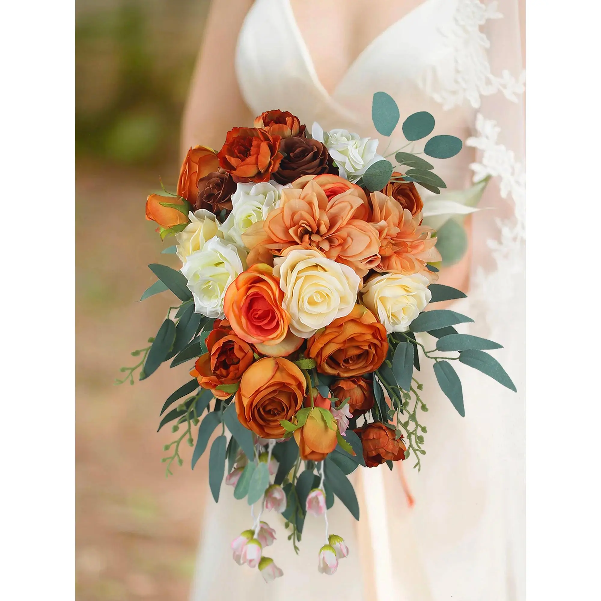 Rinlong 11.8x17.7" Burnt Orange Cascading Bridal Bouquet - Finest Materials, Cream Roses, Rust Orange Roses, Peonies, Vibrant Flower Mix, Classic Allure for Weddings, Home Decor