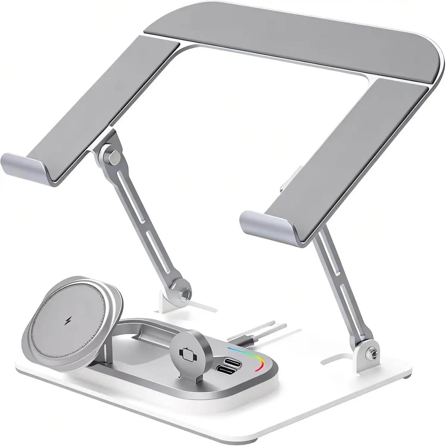 4-in-1 Laptop Stand with 15W Wireless Charger, Height Adjustable Ergonomic Aluminum Laptop Riser with Phone/Apple Watch Charging Holder, Desk Organizer for MacBook, iPad, iPhone 16/15, AirPods Computer Tablet Computer Tablet