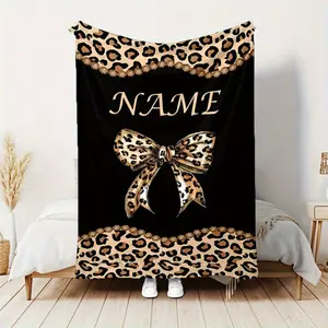 1 Piece Personalized Custom Name Flannel Blanket - Elegant Black and Gold Leopard Design with Bow Decoration, Soft Polyester All-Season Home Travel Camping Blanket, Birthday/Christmas Gift, Machine Washable, Suitable for Women, Men and Teenagers - 280g We