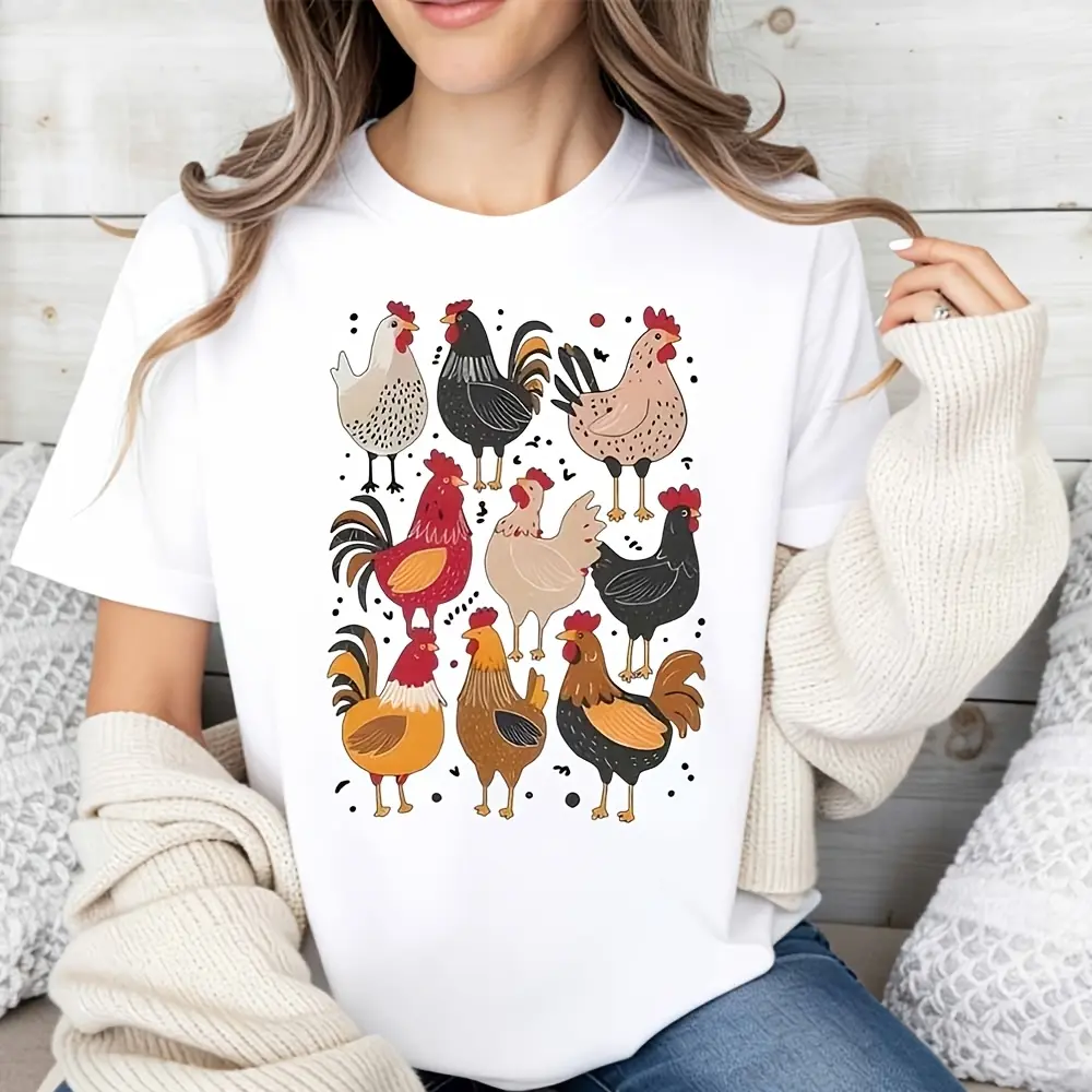 Women's Cartoon Chicken T-Shirt, Regular Fit Graphic Tee in Soft 100% Cotton for Spring Summer, Gift for Farmer Friend, Sizes to 3XL, Farm Theme, Chicken Print, Animals, Cartoon Look, Round Neck, Casual, Cute, 4Xl, Do Not Bleach, Flat