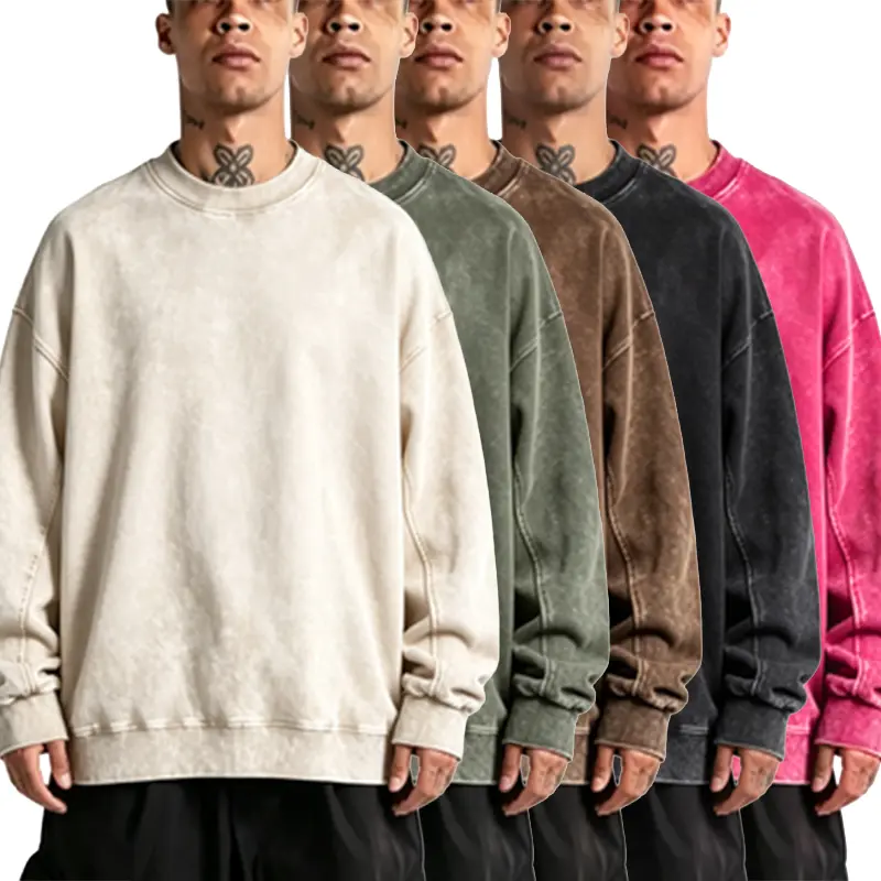 Retro acid-wash crewneck sweatshirt, loose Y2K millennium silhouette, high-stretch thickened ribbed collar/cuffs/hem, washed fade vintage texture, unisex in five colors wardrobe winter fall clothes