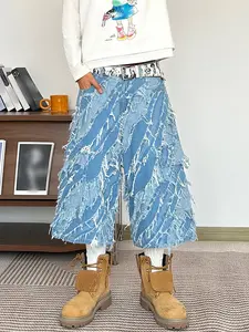 New Men's Loose Jeans, Blue Patchwork Distressed Wide Leg Seven-Eighths Pants, Summer Hip-Hop Street Style, Multiple Sizes Available