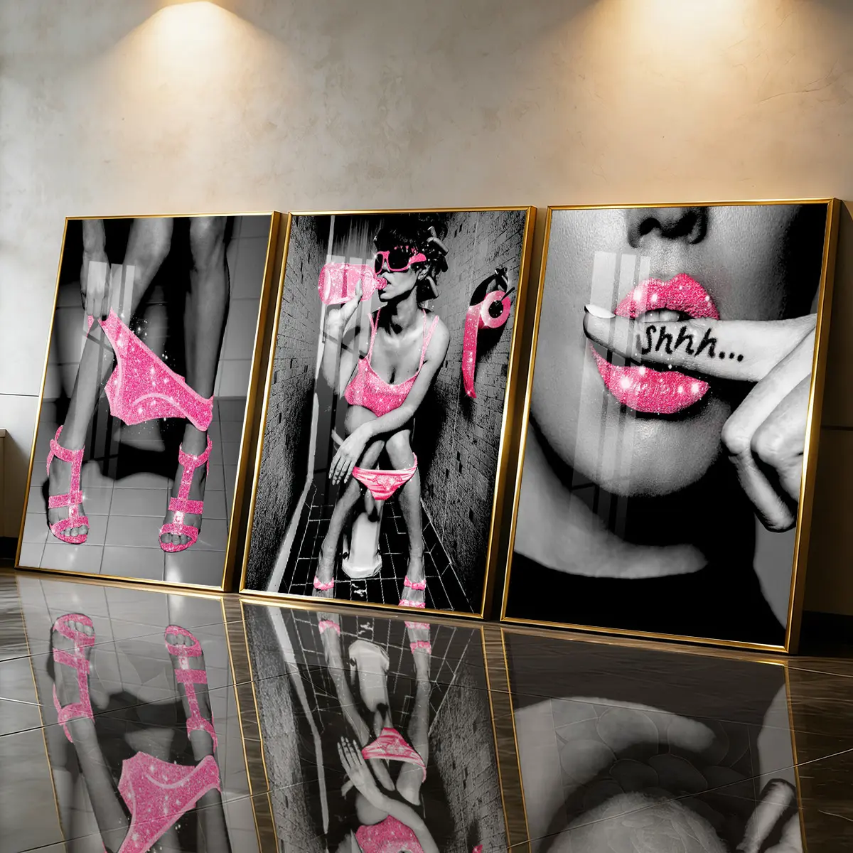 3Pcs Aluminum Alloy Framed Painting, Glamorous Pink Glitter Lips And Fashion Art Picture, Home Decoration For Living Room, Bedroom, Office, Restaurant, Hallway Wall Decor, Odorless Print Artwork, Luxury Perfect Gift For Friends And Family