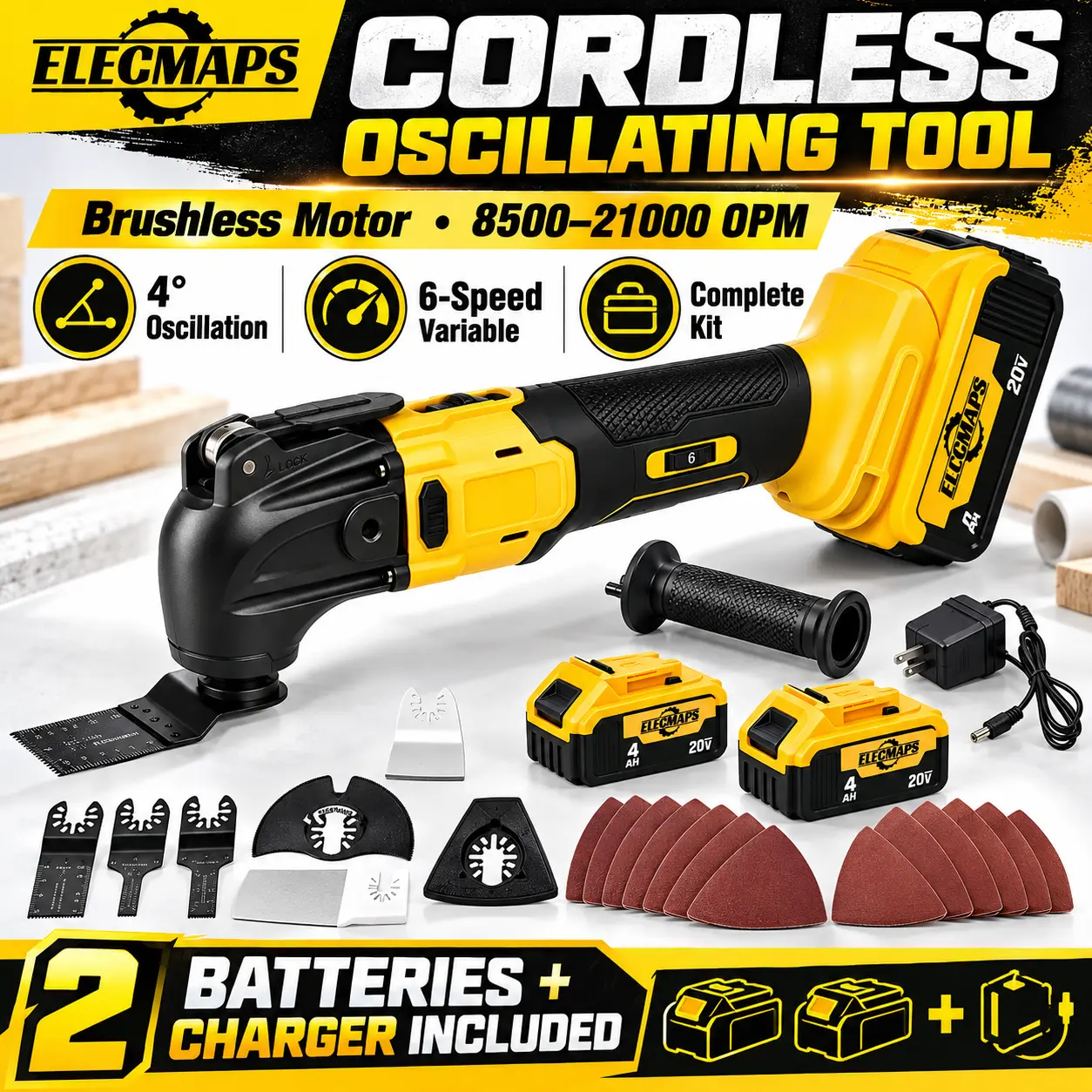 ELECMAPS 20V Cordless Oscillating Multi Tool, Brushless 6-Speed Electric Multi Tool, Compatible with DeWalt 20V MAX Batteries, 22-Piece Cutting, Sanding & Scraping Accessories