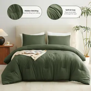 Olive Green Comforter Full Size, 3 Quilted Style Sets, Dark Olive Green Fluffy Microfiber Comforter for (1 Comforter  2 Pillowcases)