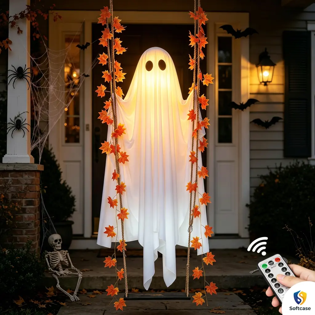 Hanging Swinging Ghost Halloween Decor - Outdoor Halloween Decorations with Ghost on A Swing for Outside Garden Yard Porch Tree, 4.4 FT Large Spooky Cute Ghosts with String Lights for Indoor Party Family Patio Candy Fall Costume Easy Installation