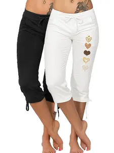 Women's Lightweight Fitted Seven-Quarter Pants, Adjustable Drawstring Waist, Comfortable and Fashionable, Casual Geometric and Heart Print, All Seasons, Summer
