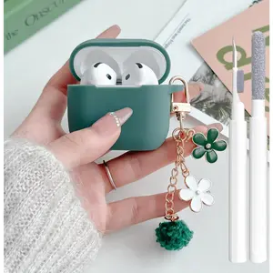 Cute Pine Green Case for Airpods 4 Cover for Girl Women with Pom pom Flower Keychain & Cleaner Kit, Soft Silicone Airpods iPod 4th Gen Protective Cover Skin for Airpod 4 2024