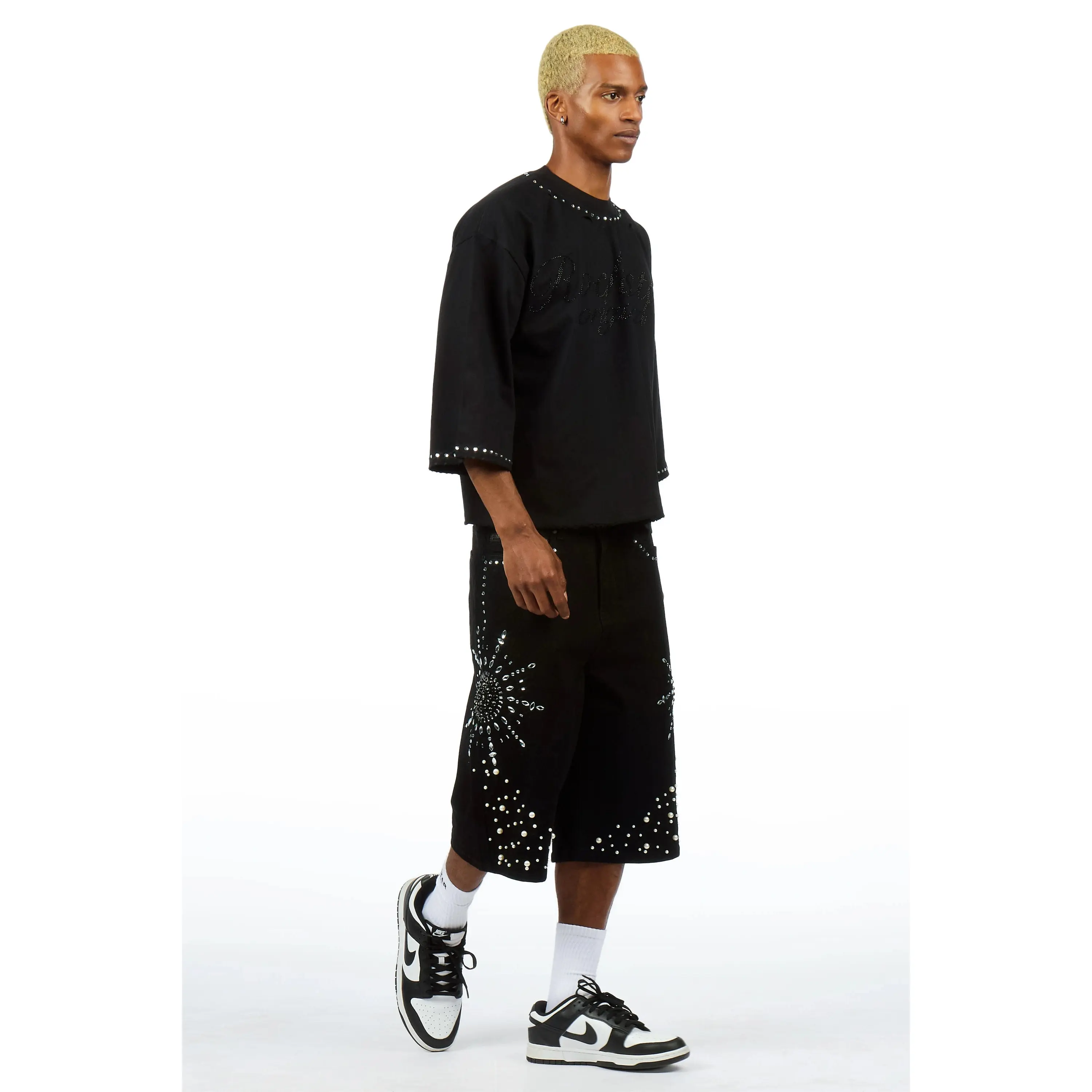 Tryst Black Rhinestone T-Shirt Denim Jort Set