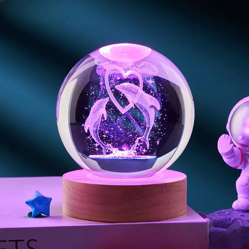 K9 Crystal Ball Panda Family Night Light - 3.15in USB-Powered Colorful Changing Wooden Base Table Lamp, Home Decor Fengshui Ornament Gift for Kids (Birthday, Christmas)