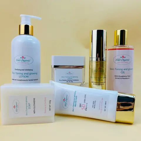 Sha's Organic Unisex Adult 6-Piece Brightening Skincare Body Set - Shea, Glycerin, SPF 50 Sunscreen, Brightening Soap, Hydrating Lotion, Moisturizer, 300ml Multi-Pack, Natural, Gentle, Oil-Free, Alcohol-Free, All Skin Types, Evens Tone, Boosts Moisture