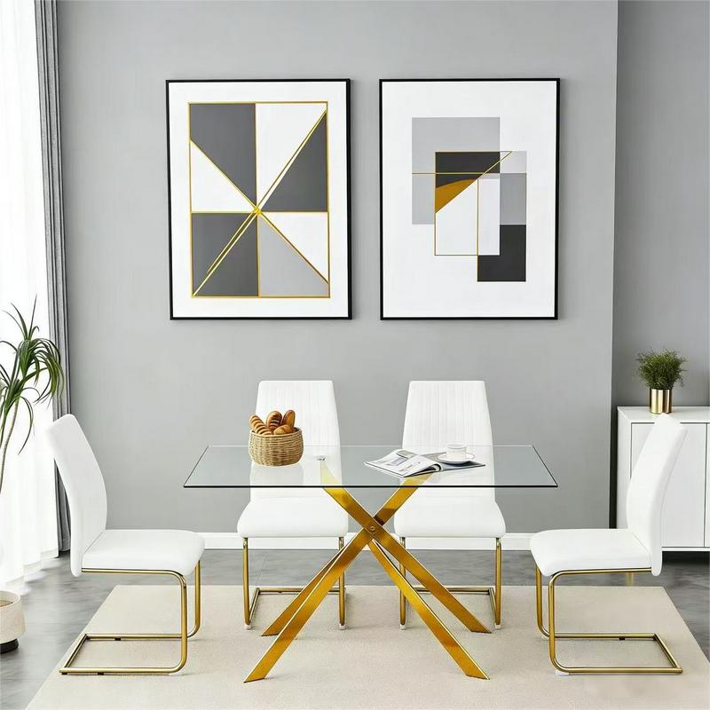 51.18" Rectangular Tempered Glass Dining Table with Gold Metal Legs Modern Kitchen Table for Dining Room Easy Assembly 8mm Thick Glass 250lbs Capacity