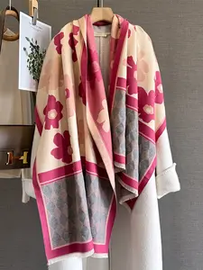 Autumn Winter Long Floral Print Scarf, Warm Neck Protection Multifunctional Shawl, Stylish Versatile Large Wrap-Around Scarf