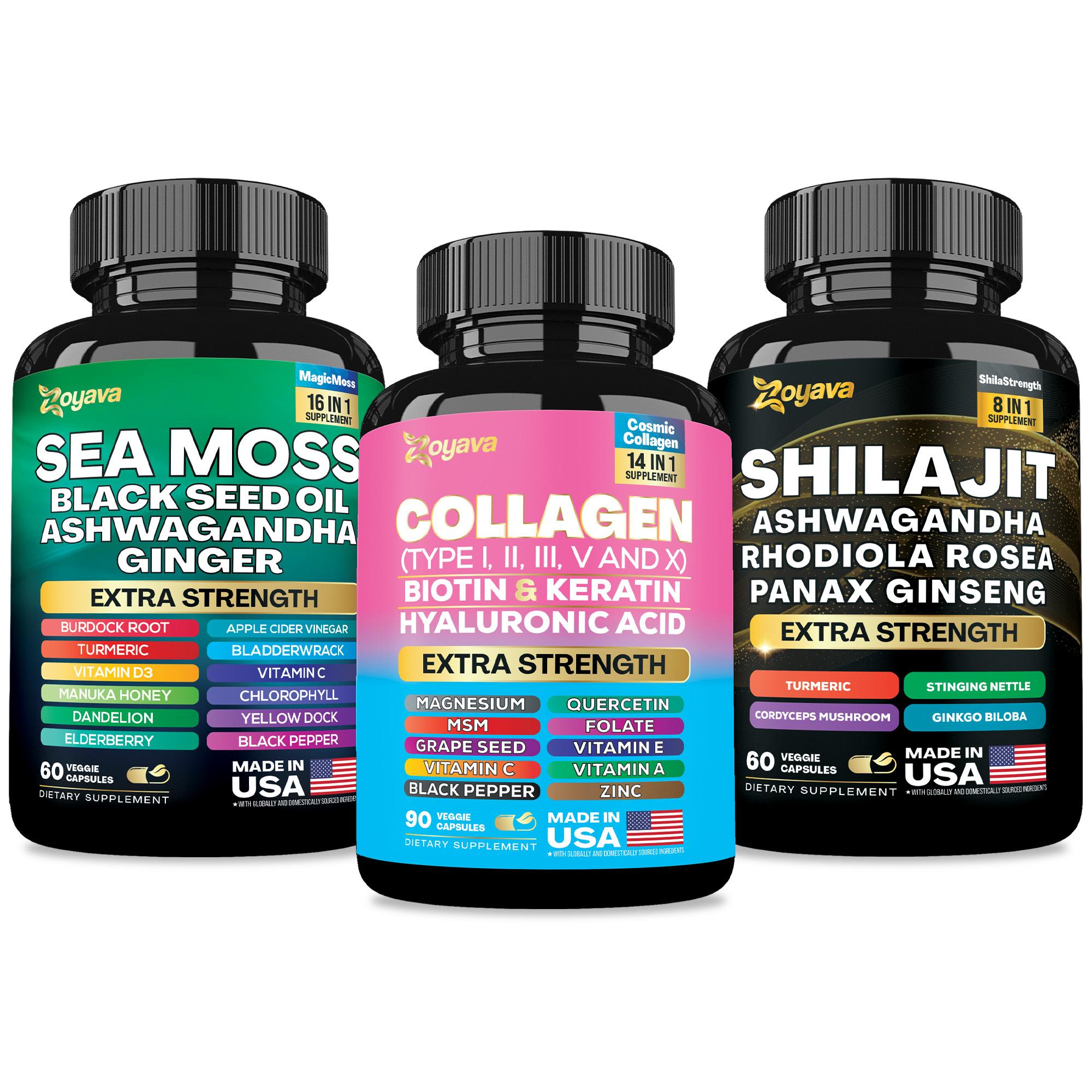 Zoyava Ultimate Wellness Trio: Sea Moss, Collagen, & Shilajit - Multivitamin All-in-1 Dietary Supplements - Made in USA