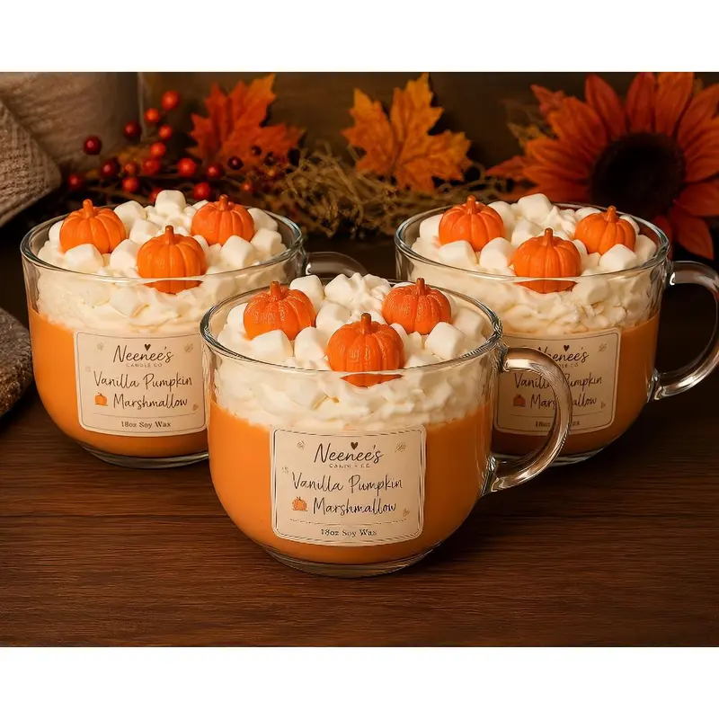 18 oz Vanilla Pumpkin Marshmallow Glass Mug Perpetual Candle - Premium Soy Wax, Fluffy Whipped Topping, Handmade Embeds, Cinnamon Scent, Cool Room Decor, Fall Home Decor Cozy Light, Unique Whimsical Gift for Mothers, Bundle Basket Item