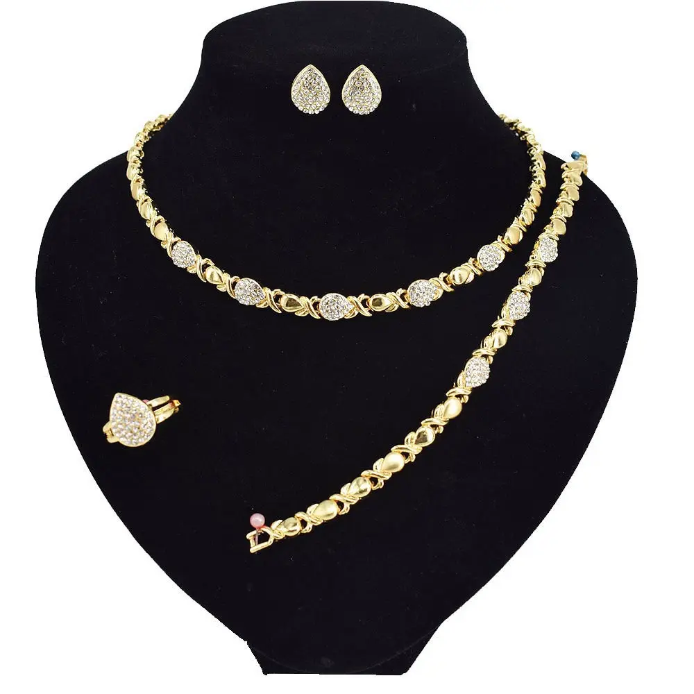 Elegant Gold-Plated Jewelry Set, Hugs & Kisses XO Pattern for Women - Includes 18-in Necklace, Ring, 7.5-inch Bracelet & Earring, Daily, Complimentary Set