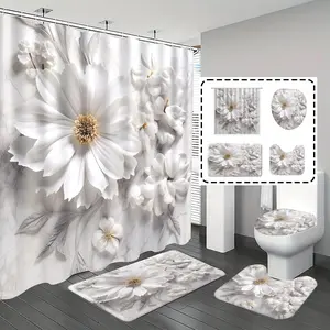 Bathroom Curtains Shower Set, Shower Curtain Sets, Elegant Shower Curtain, Flower Pattern, Simple Luxurious Theme Decoration, Includes Bathroom Rug Mat & 12 Hooks