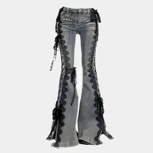 ALIELNOSIRRAH 'Lace Denim' Y2k Retro Gothic Lace Up Flare Denim Pants