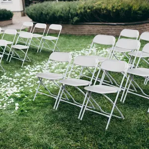 【Father's Day Gift】【Five Packages】Outvita 50 Pack White Black Plastic Folding Chair, Indoor Outdoor Portable Stackable Commercial Seat with Steel Frame 350lb. Capacity for Events, Rental Use