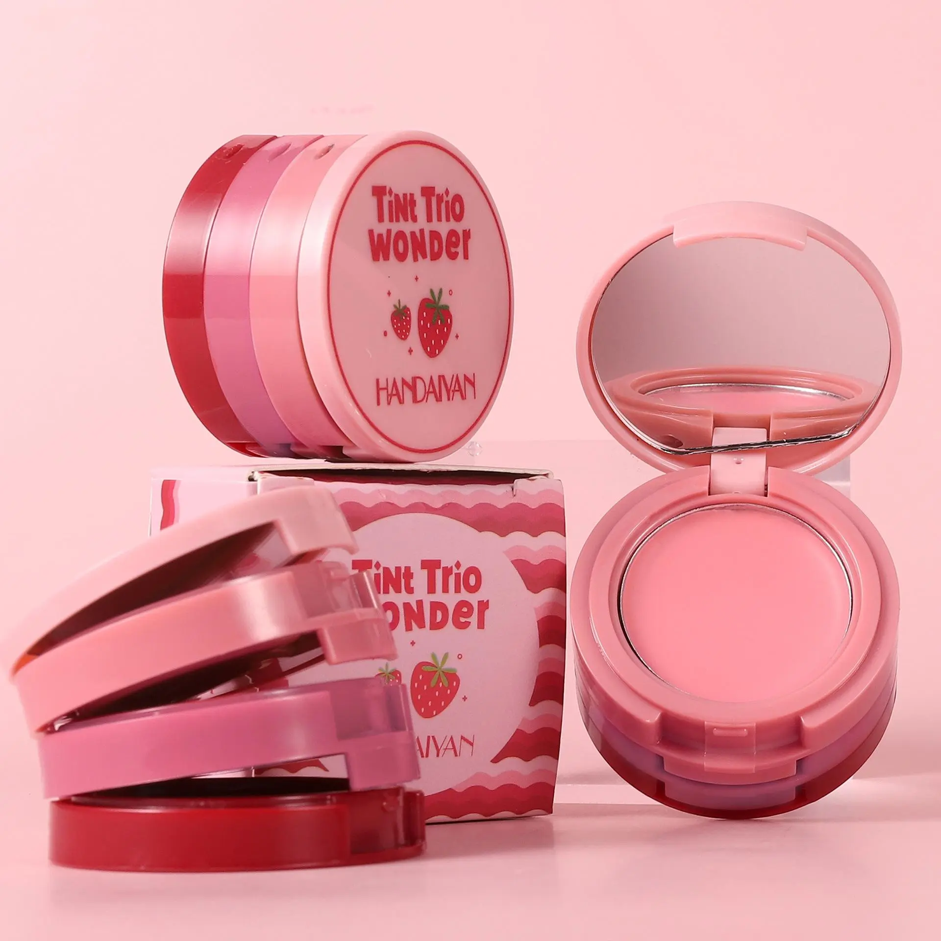 2Pcs 3-in-1 Mini Makeup Beauty Cosmetics Products Everyday Cosmetics Makeup Glossy Glow Blush and Lip Balm Set, Travel Portable Touch Up Compact with Mirror for Quick Makeup Enhancements