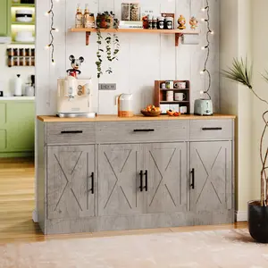 Kitchen Buffet Sideboard Cabinet with 4 Doors and 3 Drawers Entryway Adjustable Storage Pantry Shelf Farmhouse Coffee Bar Cabinet for Kitchen Grey