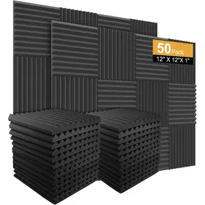 50 Pack Acoustic Panels Soundproof Studio  for Walls Sound Absorbing Panels Sound Insulation Wedge for Studio, 1" X 12" X 12" (Black)