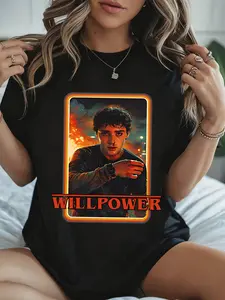 Women's Oversized Stranger Things Will Byers Graphic T-Shirt | "Willpower" Upside Down Movie Poster Tee | Retro Vintage Printed Top | Hawkins Hellfire Club Trendy Casual Shirt | Comfortable Relaxed Fit | Stranger Things Fan Merch Streetwear Tee