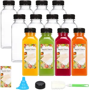 12pcs Juice Bottles, 12oz Reusable Plastic Juice Containers Bottles with Caps and Labels, Funnel, Brush Beverage Containers for Juicing, Smoothies, Tea, Milk