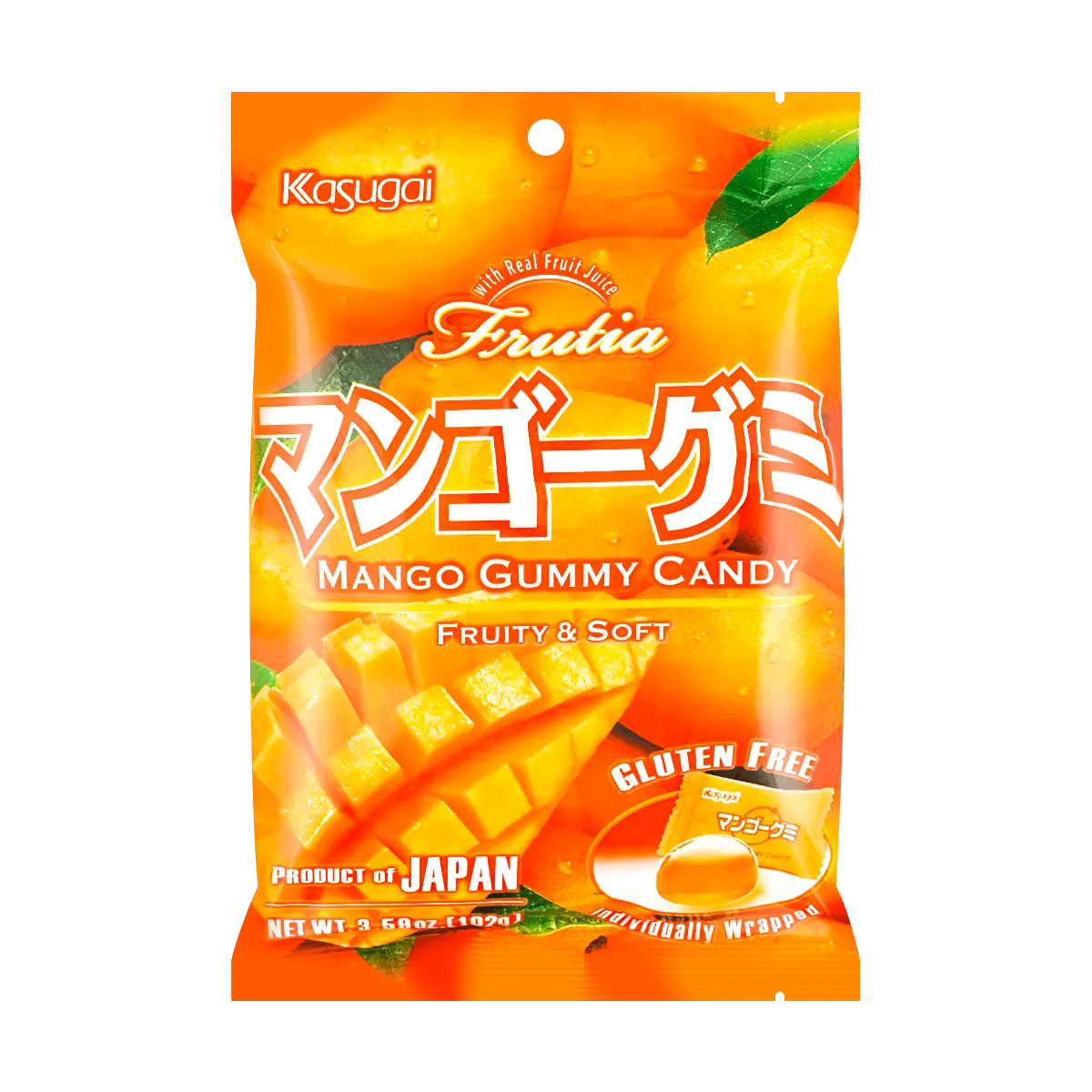 Kasugai Mango Gummy Candy - 102g Japanese Fruit Juice Chewy Snacks, Gluten-Free