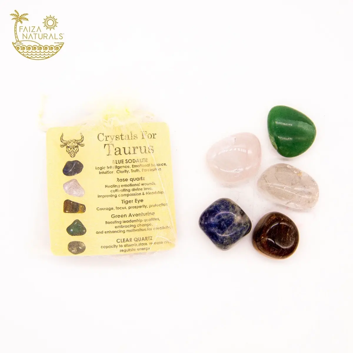 Taurus Zodiac Crystals Set - Includes Blue Sodalite, Rose Quartz, Tiger Eye, Green Aventurine & Clear Quartz