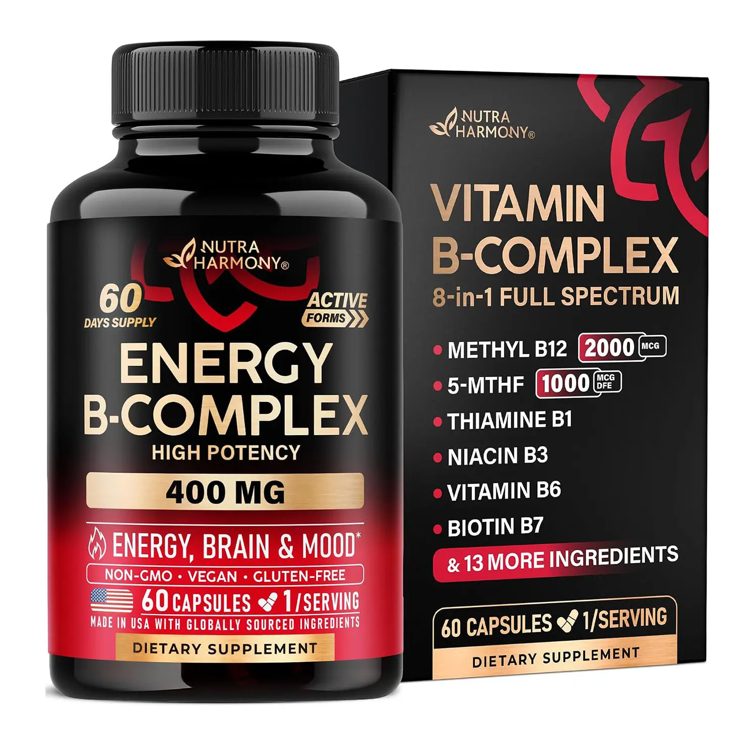 Vitamin B Complex - B1 | B2 | B3 | B5 | B6 | Biotin | B12 | 5-MTHF - Astragalus & Whole Food Blend - Energy, Metabolism & Brain - Vitamins B for Women & Men - Lab Tested - 60 Capsules, 60 Days Supply