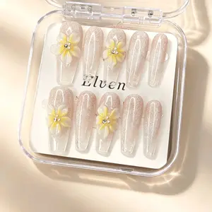 Nude Glitter Glass Style Long Coffin Press On Nails with Yellow Floral Accents