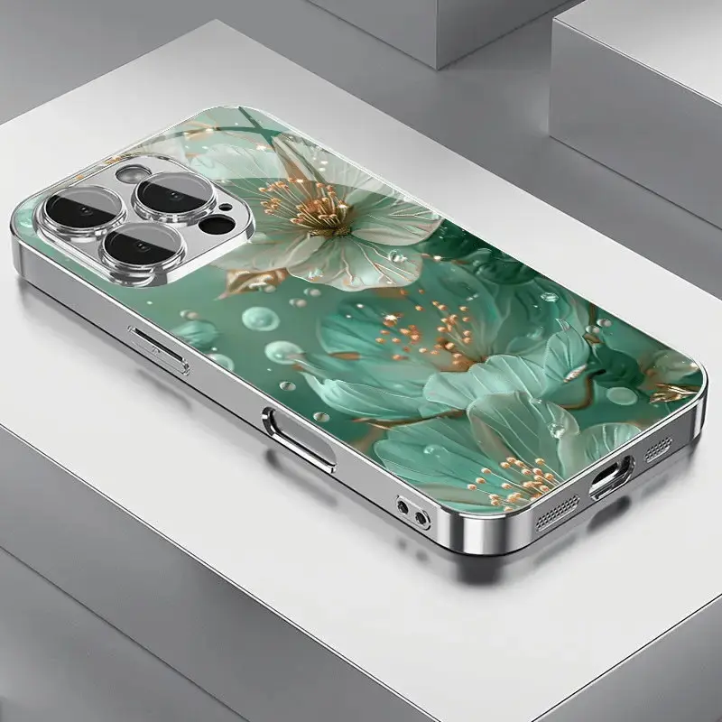 Goddess Elegant Crystal Green Pattern Fashion Electroplated Glass Phone Case, Suitable for iPhone 16/16 Pro/16 Plus/15/15 Plus/15 Pro/15 Pro Max/14/14 Plus/14 Pro/14 Pro Max/13/13 Pro/13 Pro Max/12/12 Pro/12 Pro Max/11/11 Pro/11 Pro Max - Full Coverage An