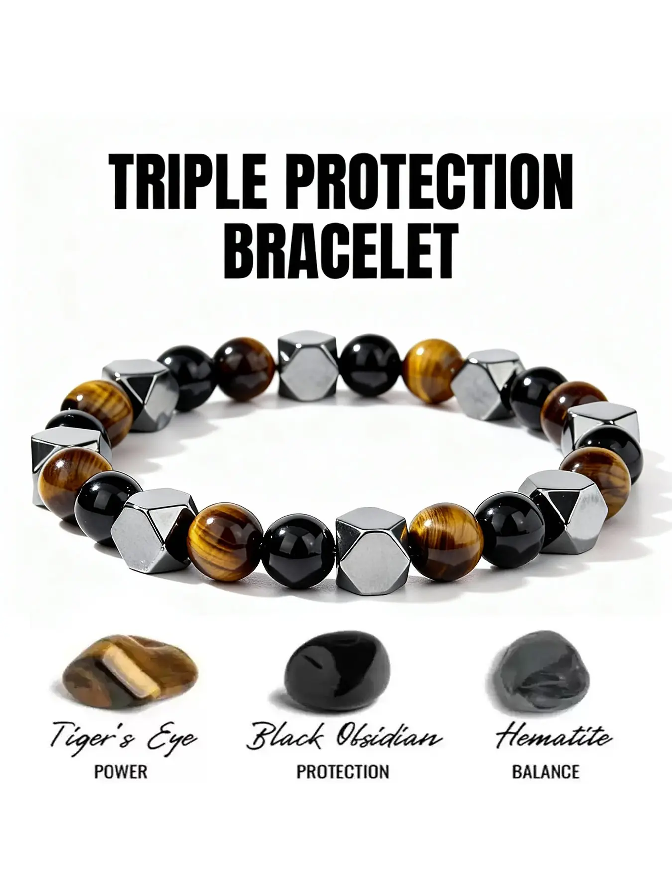 Men's Natural Obsidian Healing Crystal Bracelet, Energy Vibration, Triple Protection, Auspicious Jewelry, Gift for Friends, Hand Selected Crystals, Crystals Bracelets