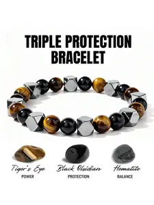 Men's Natural Obsidian Crystal Bracelet, Energy Vibration, Triple Protection, Auspicious Jewelry, Gift for Friends